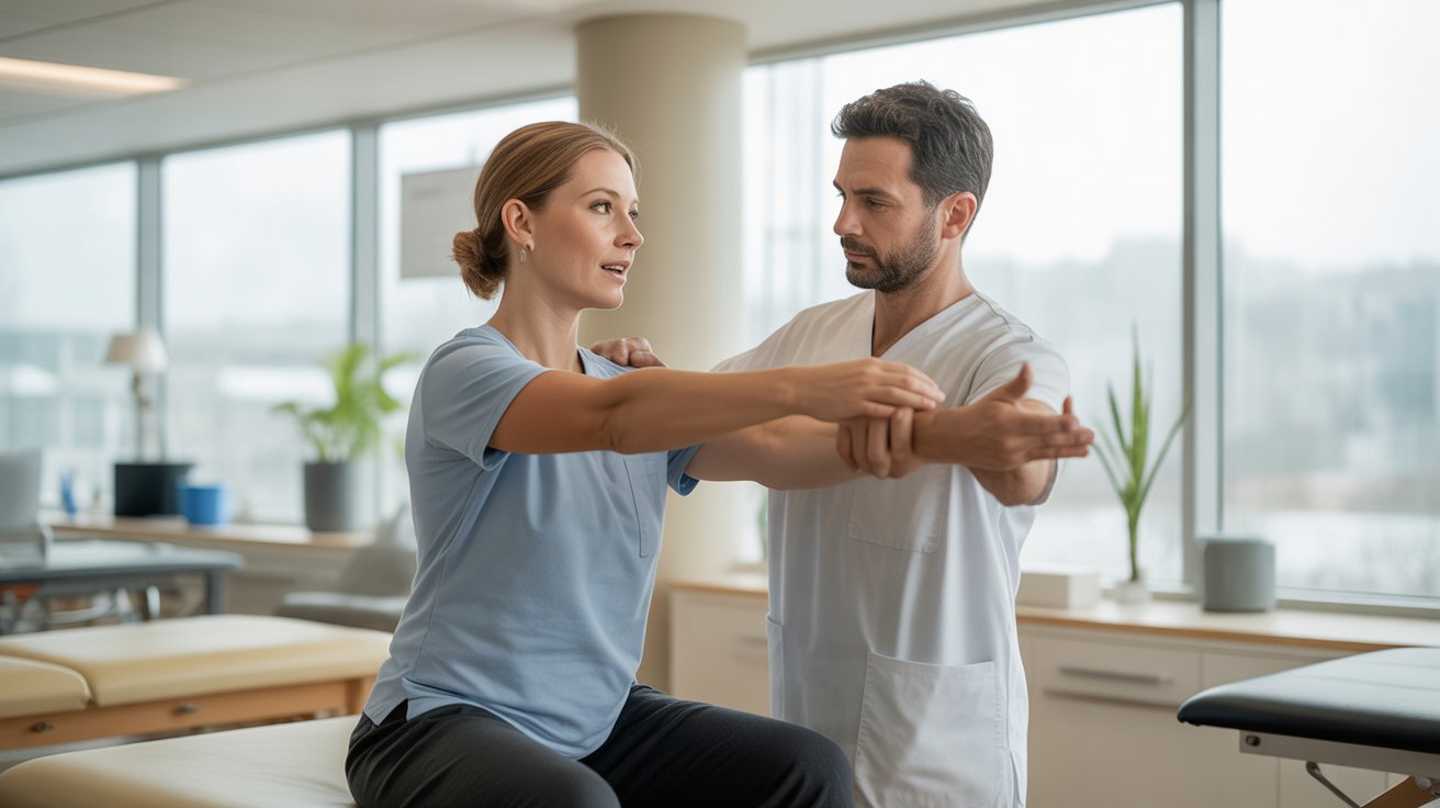 Best physiotherapist guiding a patient through a safe rehabilitation exercise in a clean clinical setting
