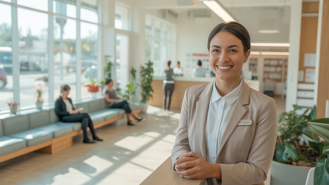 Welcoming physiotherapy clinic reception area with natural lighting, comfortable seating, and a smiling receptionist at the front desk